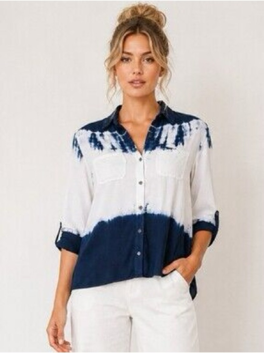 Rock & Republic Blue and White Tie Dye Button Down Blouse